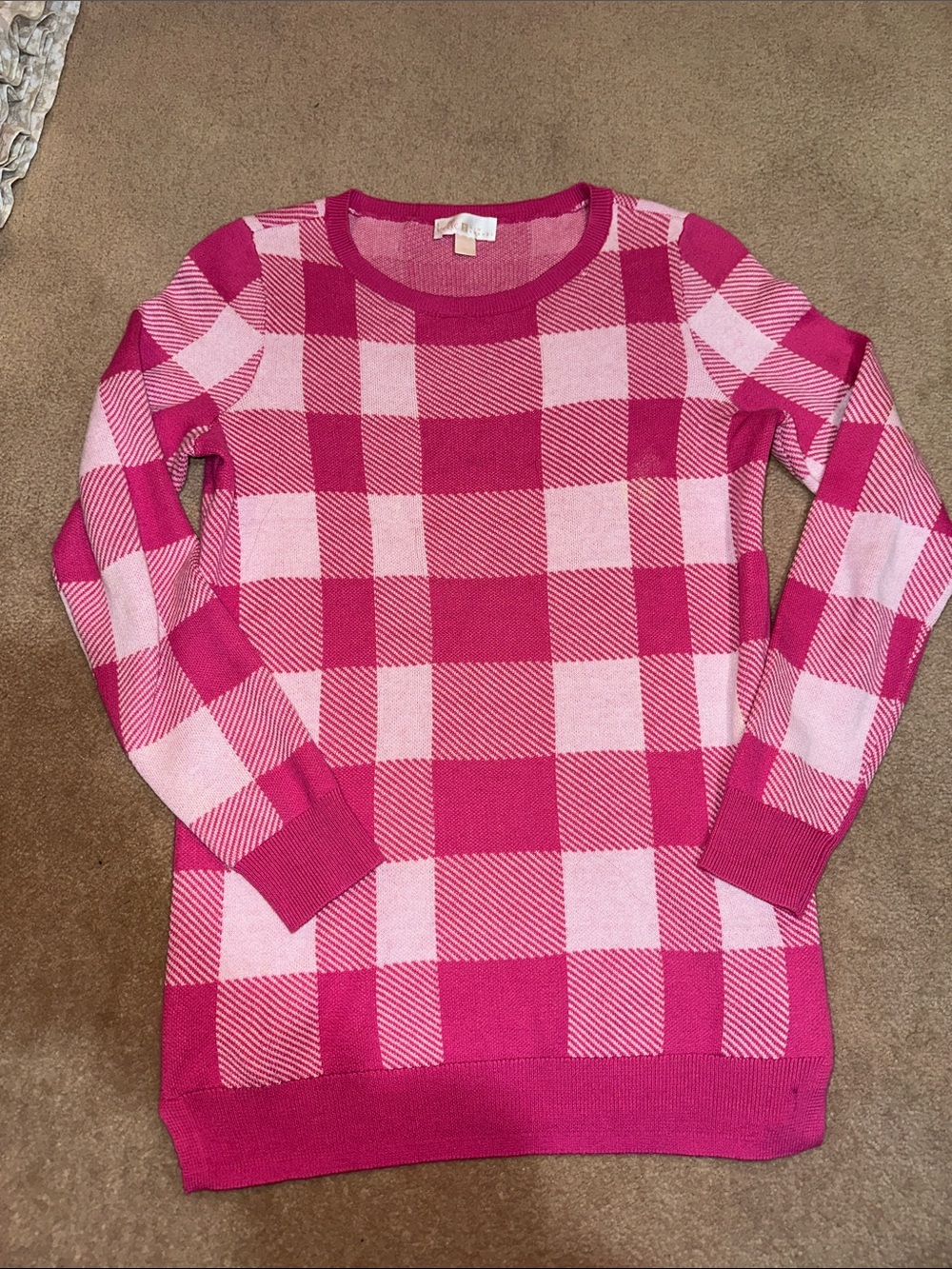 Belle by Kim Gravel Pink Plaid Crewneck Sweater - Women's
